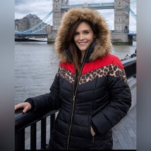 West Nine Down Puffer Quilted Coat Faux Fur Hood Black Size S